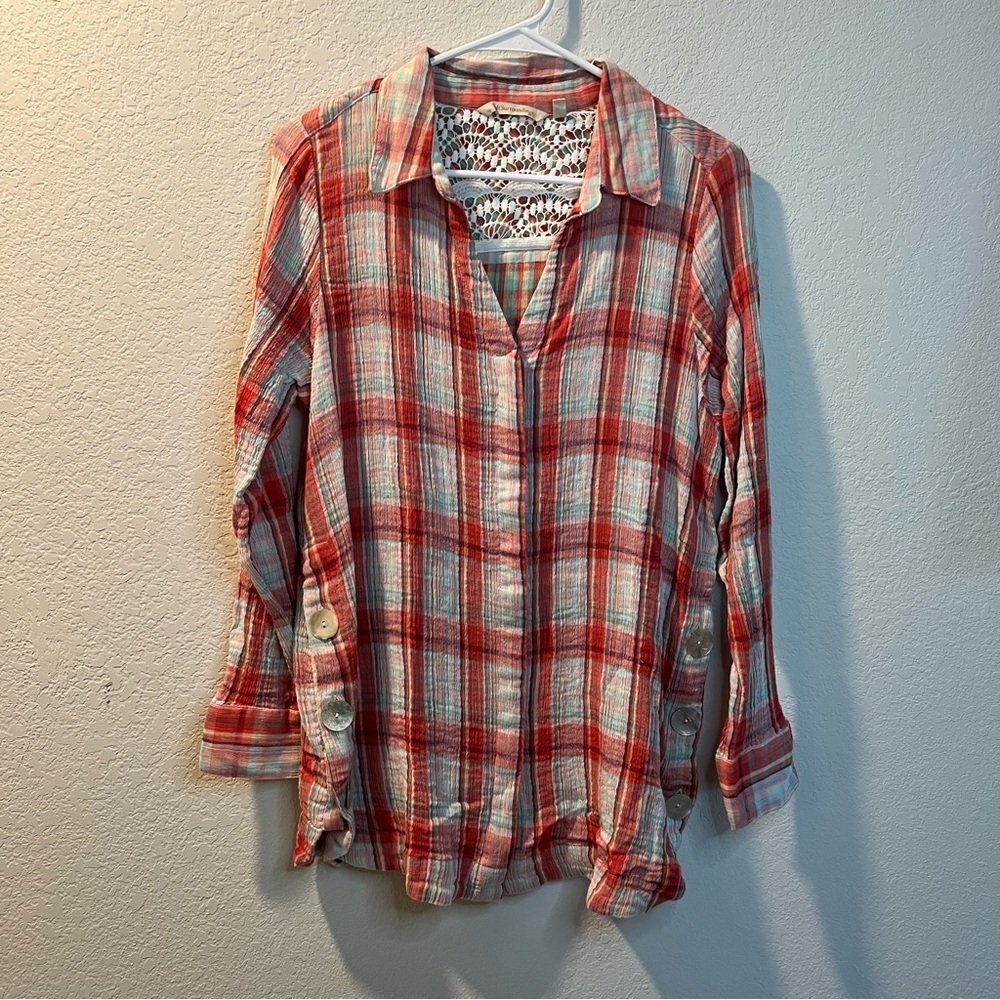 Women’s Soft Surroundings red plaid button down mother of Pearl buttons shirt